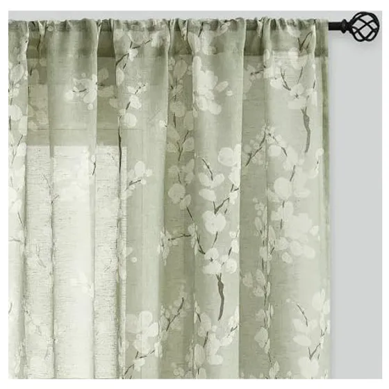 FMFUNCTEX Blossom Print Linen Sheers — Sage green