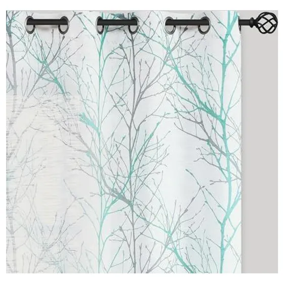 FMFUNCTEX Tree Branch Print Semi-Sheer Curtains — Aqua blue
