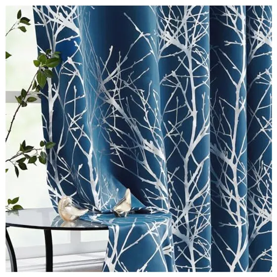 FMFUNCTEX Foil Tree Blackout Curtains — Silver on navy