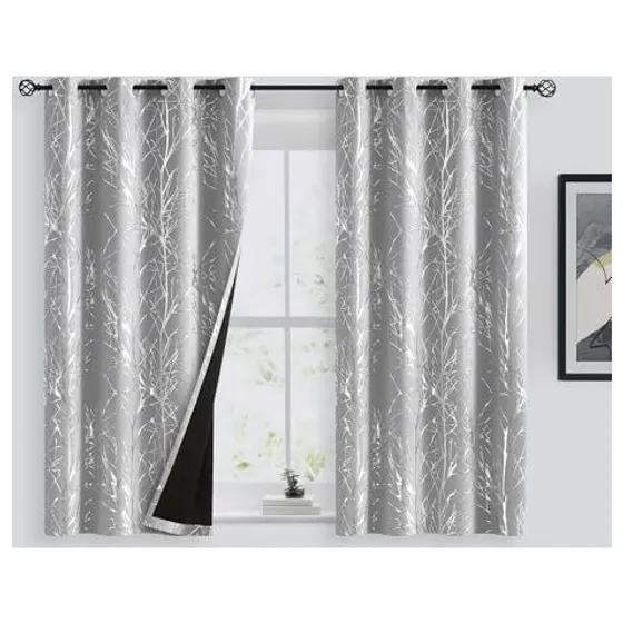 FMFUNCTEX Foil Tree Blackout Curtains — Silver on grey