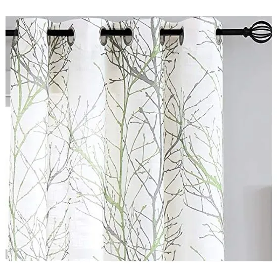 FMFUNCTEX Tree Branch Print Semi-Sheer Curtains — Green