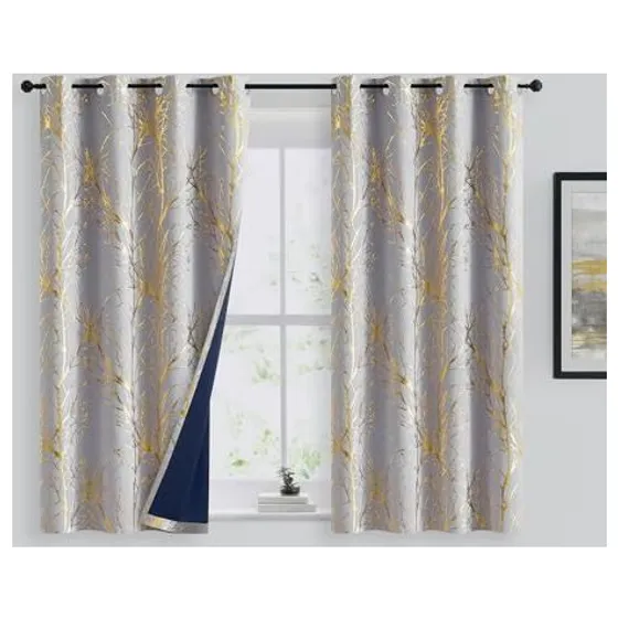 FMFUNCTEX Foil Tree Blackout Curtains — Gold on grey