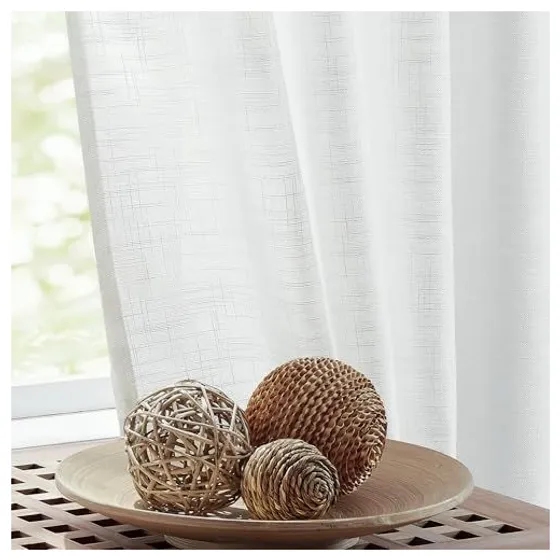 FMFUNCTEX Linen-Look Sheer Curtains — White, Rod pocket