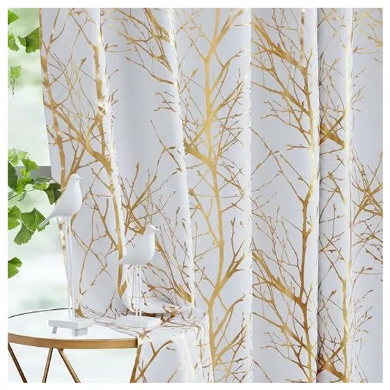 FMFUNCTEX Foil Tree Blackout Curtains — Gold on white