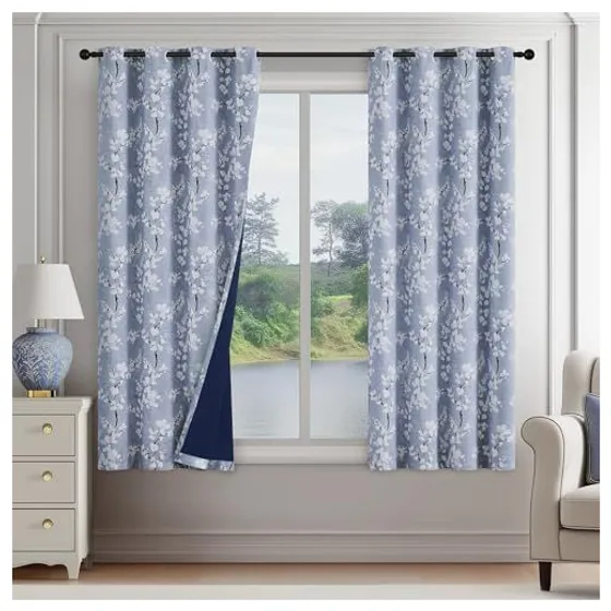 FMFUNCTEX Floral Blackout Curtains — Blue, Grommet