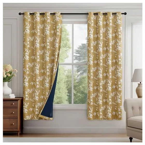 FMFUNCTEX Floral Blackout Curtains — Mustard yellow, Grommet