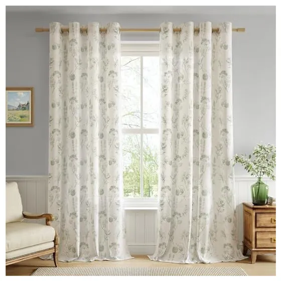 FMFUNCTEX Floral Linen Curtains — Sage green