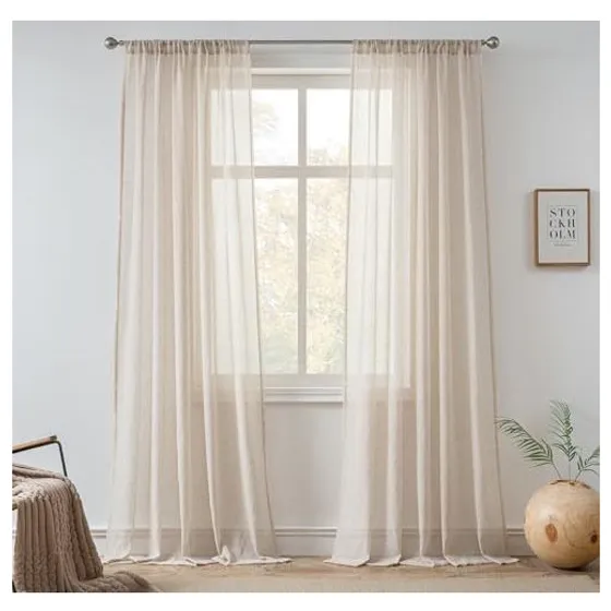 FMFUNCTEX Linen-Look Sheer Curtains — Taupe, Rod pocket