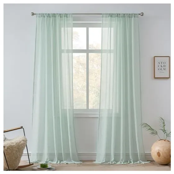 FMFUNCTEX Linen-Look Sheer Curtains — Sage green, Rod pocket