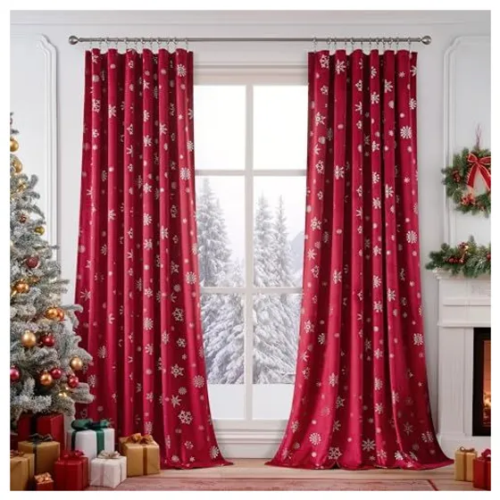 FMFUNCTEX Christmas Snowflake Velvet Curtains — Silver snowflakes on red
