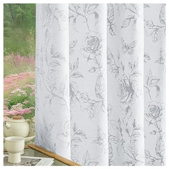 FMFUNCTEX Reversible Rose Jacquard Curtains — Grey