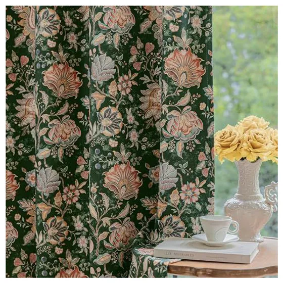 FMFUNCTEX Boho Floral Blackout Curtains — Emerald green