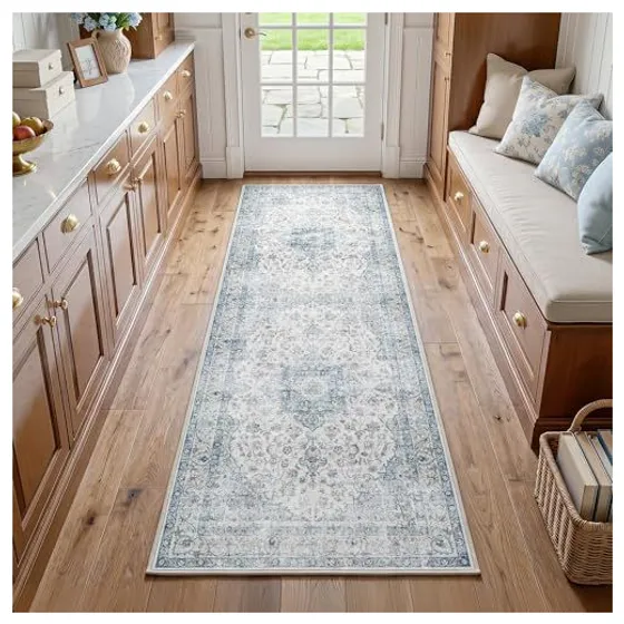 FMFUNCTEX Distressed Vintage Washable Rug — Blue