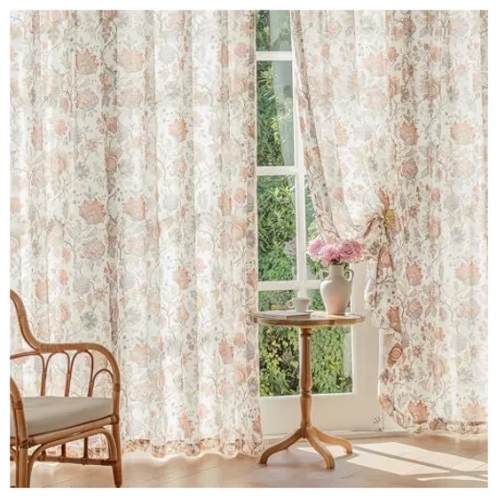 FMFUNCTEX Boho Floral Semi-Sheer Curtains — Beige