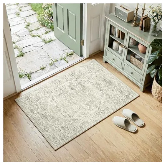FMFUNCTEX Oriental Washable Rug & Runner — Neutral green