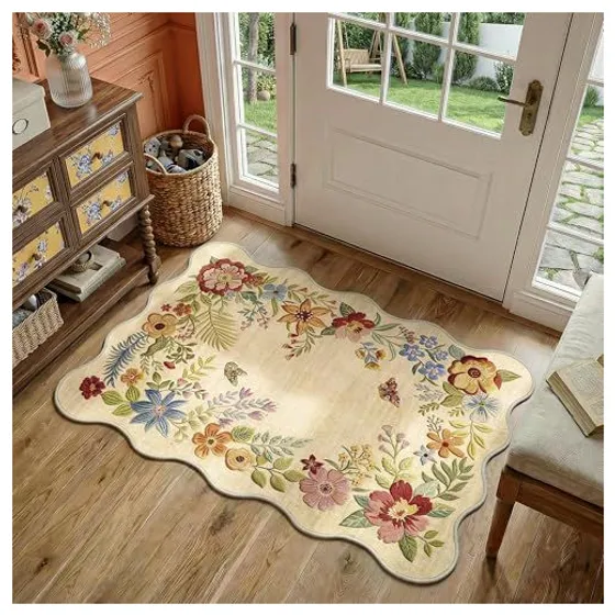FMFUNCTEX Scalloped Floral Washable Rug — Beige