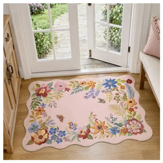 FMFUNCTEX Scalloped Floral Washable Rug — Pink