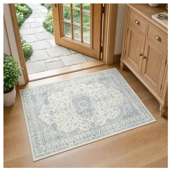 FMFUNCTEX Distressed Vintage Washable Rug — Light blue